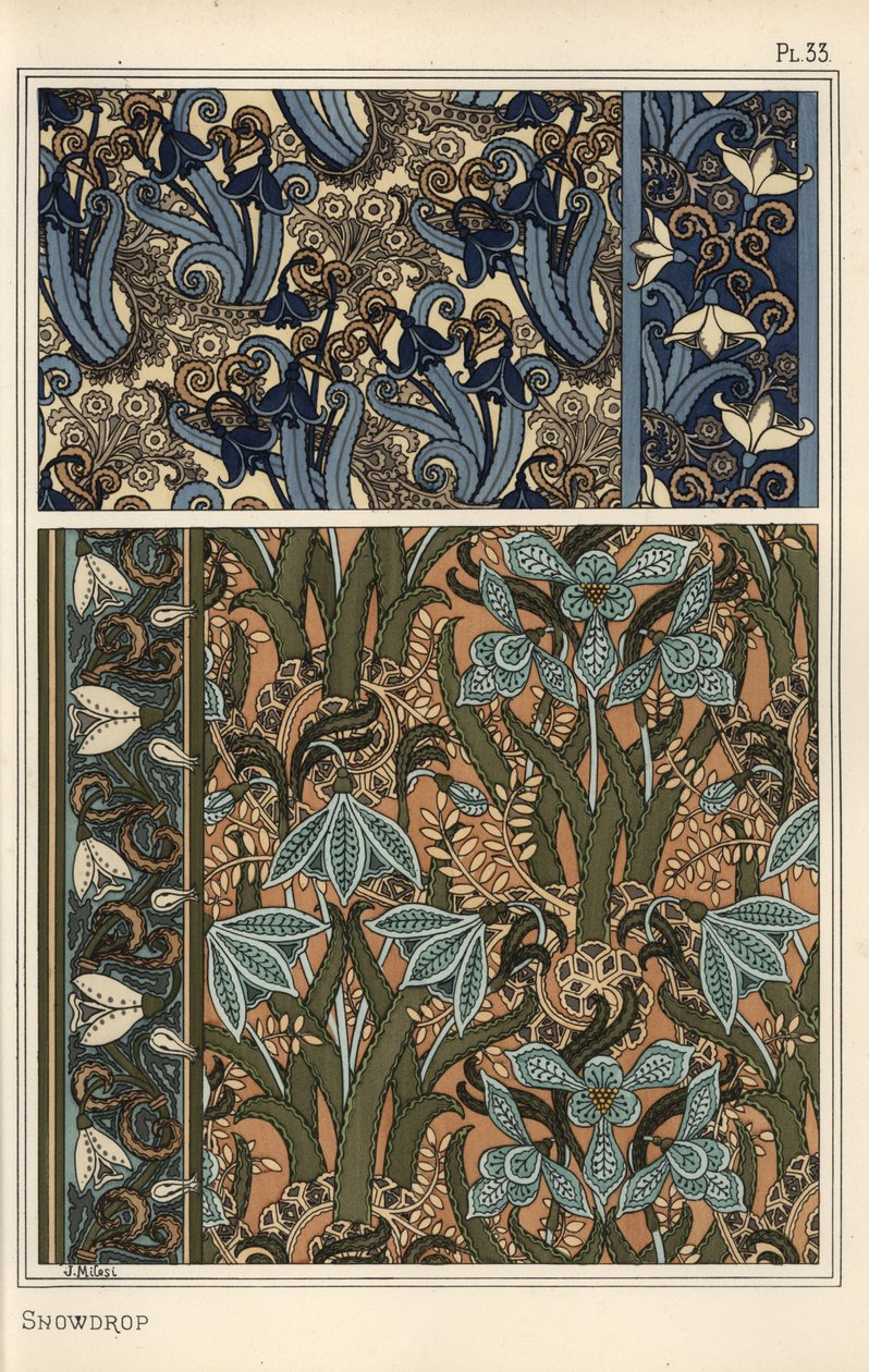Sneeuwklokje, Galanthus nivalis, als ontwerp motief in behang, randen en stoffen door Eugene Grasset