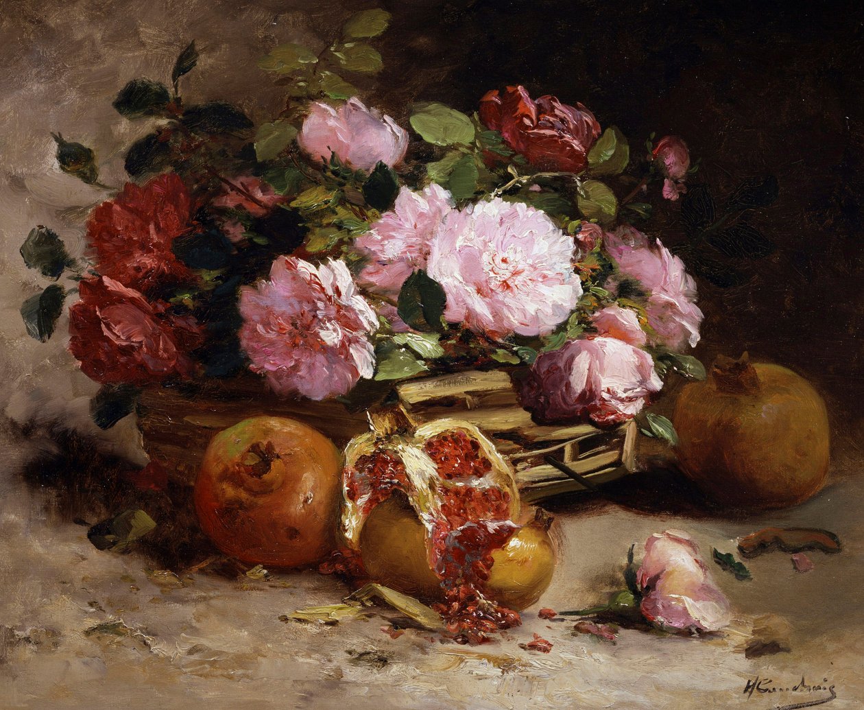 Stilleven van rozen en granaatappels. Schilderij van Eugene Henri Cauchois (1850-1911) Privécollectie. door Eugene Henri Cauchois