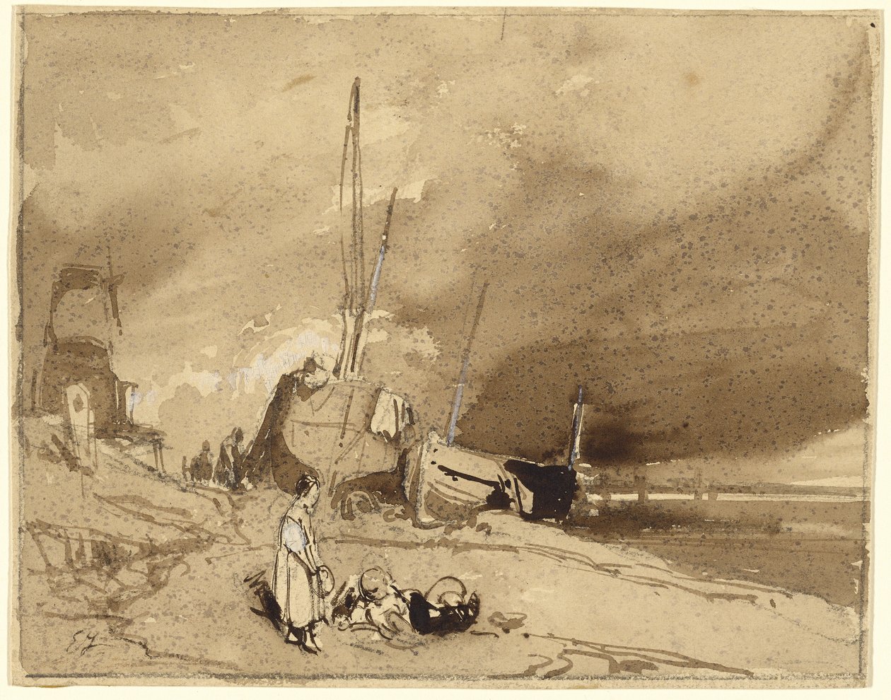 Bord de Plage (Vissersboten op een strand, stormwolken in de verte) door Eugene Isabey