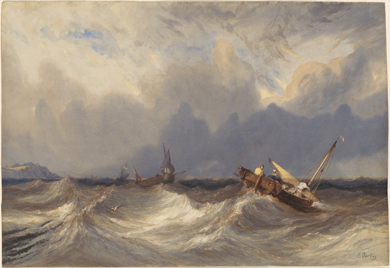 Vissersboten die door een storm heen en weer worden geslingerd door Eugene Isabey