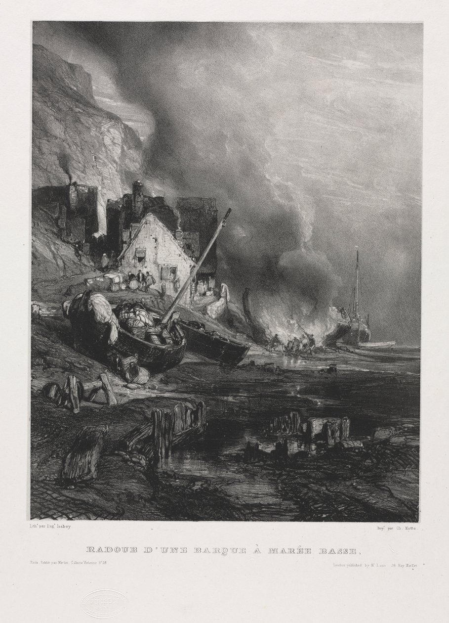 Zes mariniers: Herstellen van een boot bij laag water, 1833 door Eugene Isabey