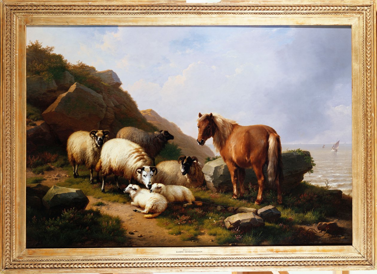 Een pony en schapen op een klif met een zeilschip op de achtergrond, 1868 door Eugene Joseph Verboeckhoven