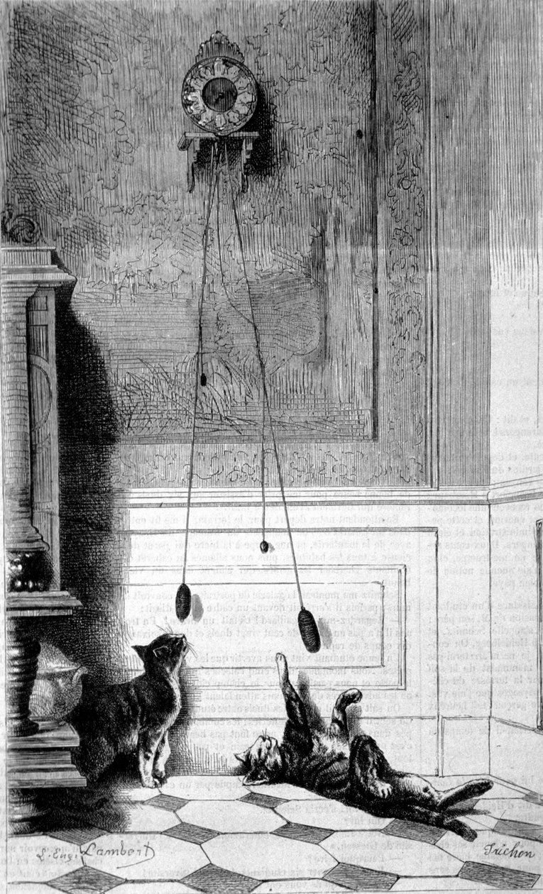 Twee kittens spelen met een klok. Illustratie door Eugene Lambert. Gravure door Eugene Lambert