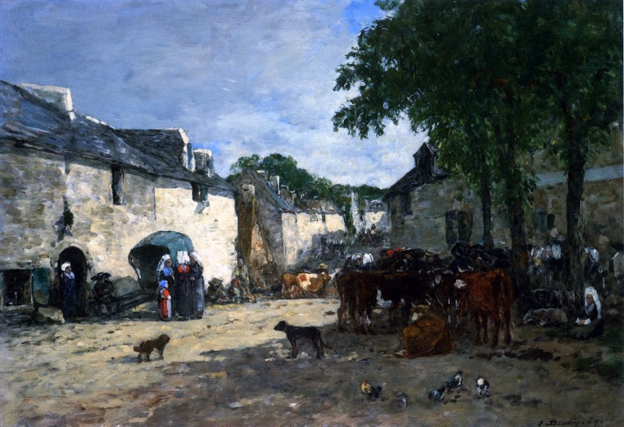 Veemarkt in Daoulas, Bretagne door Eugene Louis Boudin