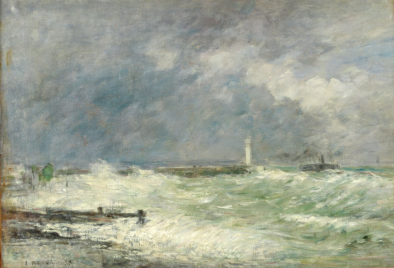 Ingang van de haven van Le Havre bij stormachtig weer door Eugene Louis Boudin