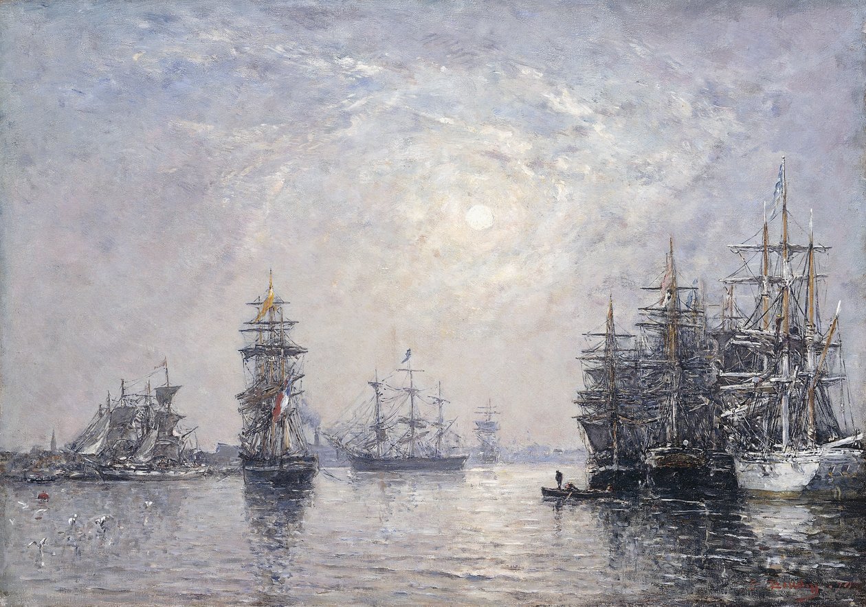 Le Havre, Eure Basin, zeilboten voor anker, zonsondergang, 1870 door Eugene Louis Boudin