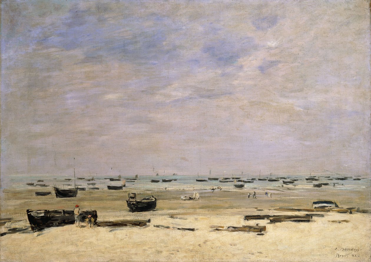 Rivierbarges bij eb; Berck le Rivage a Maree Basse, 1882 door Eugene Louis Boudin