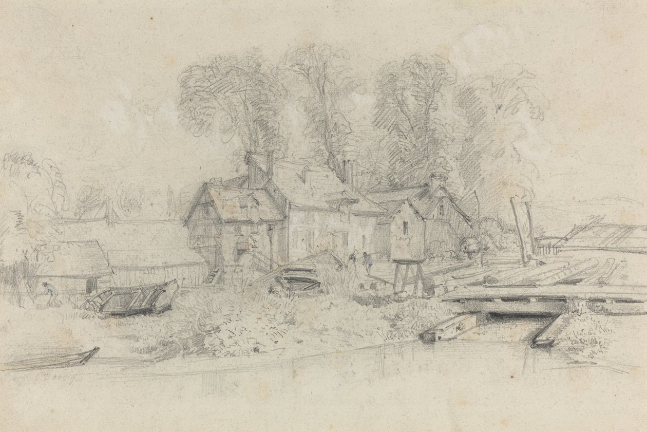 Rivierlandschap met Gebouwen, Boten en Figuren, c. 1858. door Eugene Louis Boudin