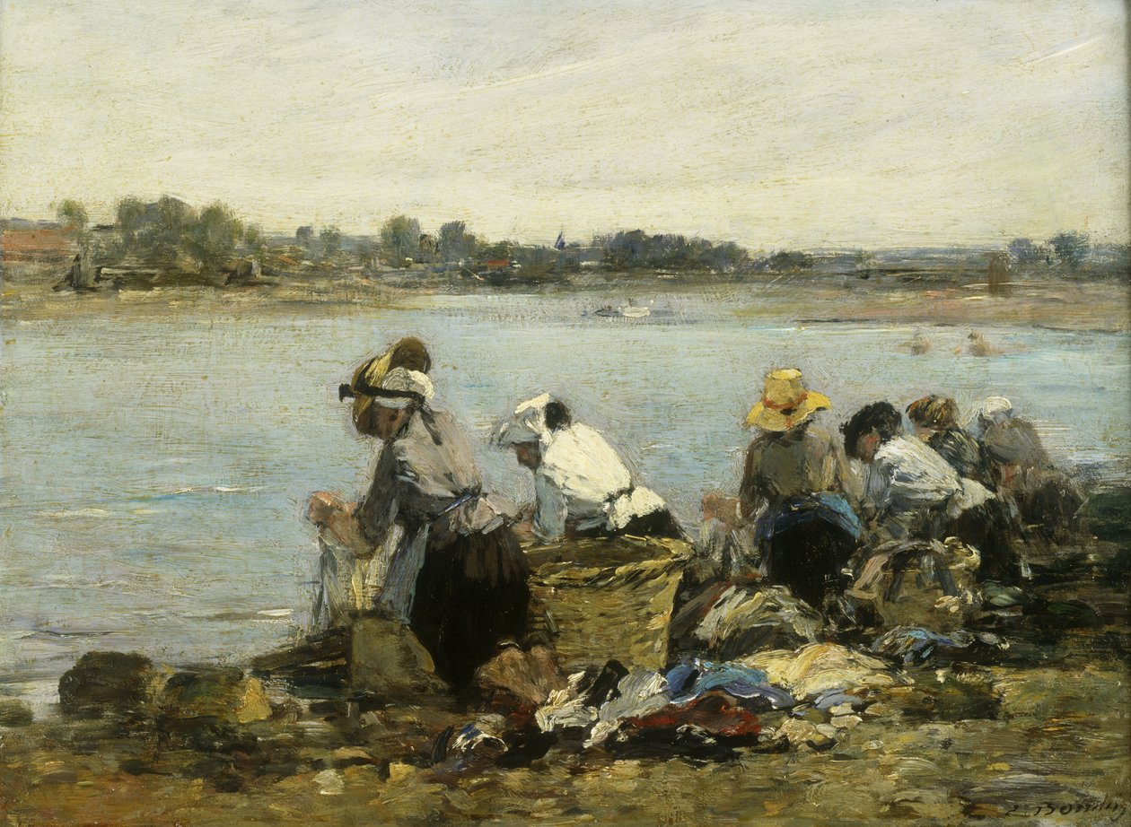 Wasvrouwen bij la Torque; Les Lavandieres a la Touque door Eugene Louis Boudin