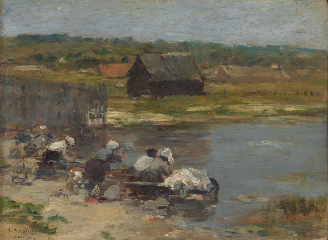 Wasvrouwen aan de rand van de vijver door Eugene Louis Boudin