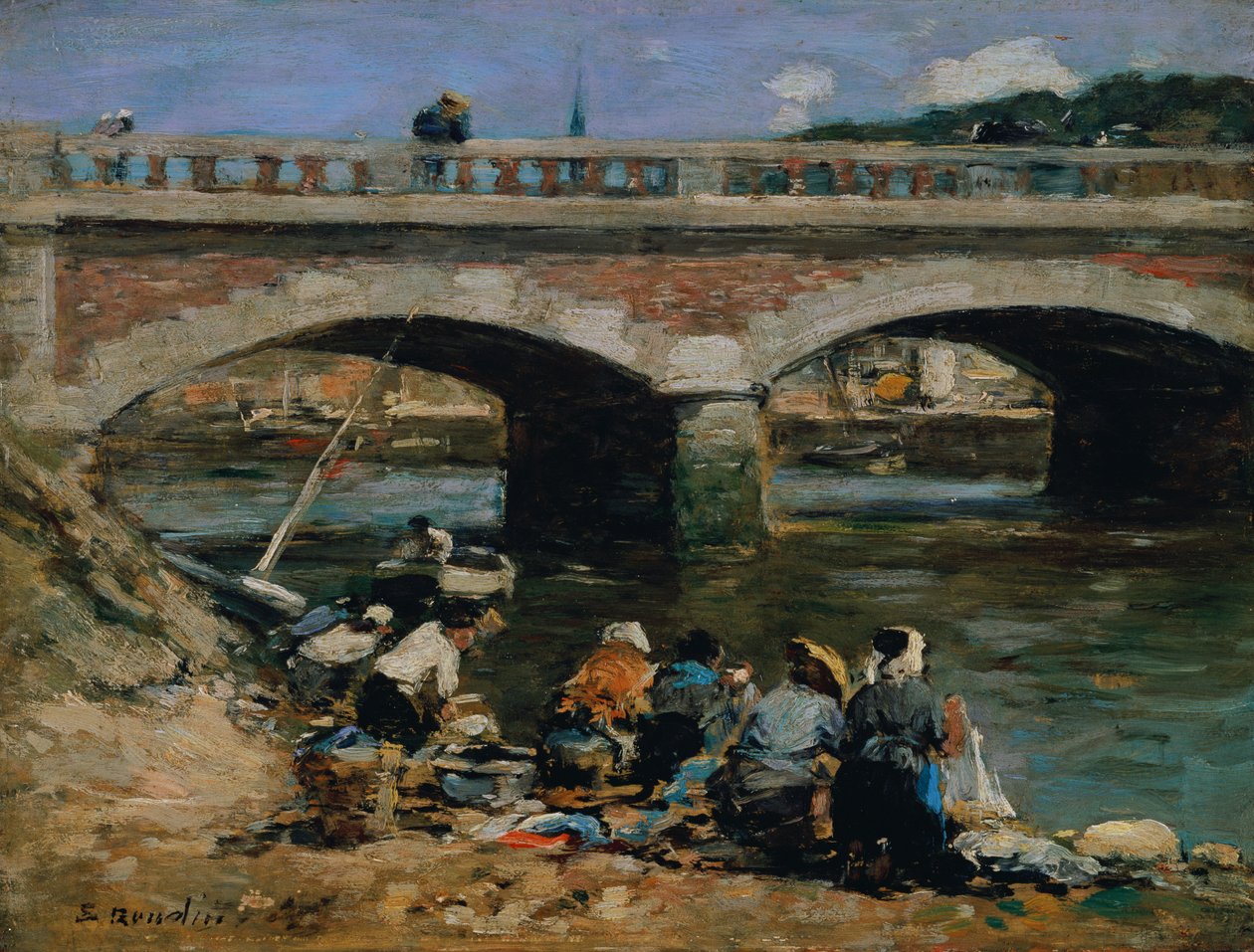 Wasvrouwen aan de oevers van de rivier de Touques, ca.1883-87 (olieverf op paneel) door Eugene Louis Boudin