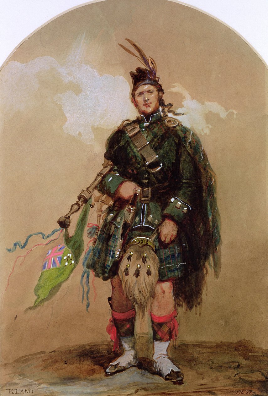 Een Doedelzakspeler van de 79e Highlanders in Chobham Kamp in 1853 door Eugene Louis Lami