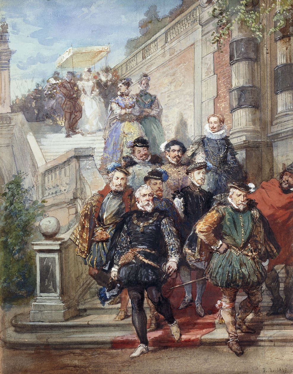 Een koninklijke processie die een trap afdaalt in een tuin, 1869 door Eugene Louis Lami
