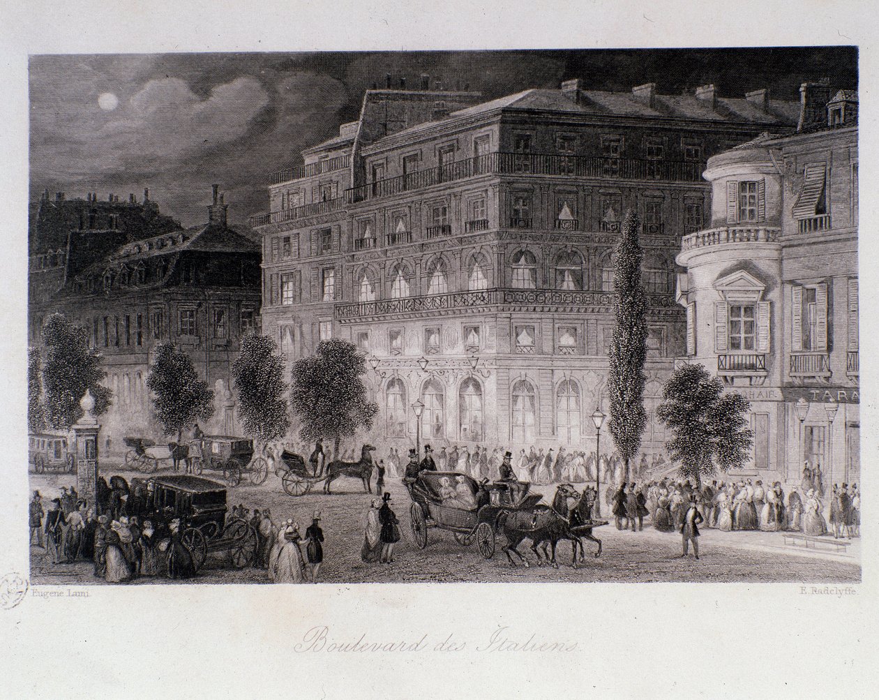 Animatie rond theaters van de boulevard des Italians in Parijs. Gravure door Eugene Louis Lami (1800-1890) 1843 Privécollectie door Eugene Louis Lami