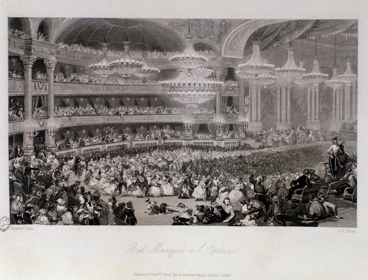 Gemaskerd bal georganiseerd in de Opera van Parijs. Gravure door Eugene Louis Lami (1800-1890) 1843 Privécollectie door Eugene Louis Lami
