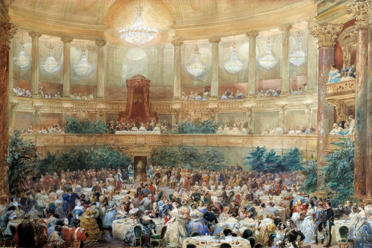 Diner aangeboden door Napoleon III aan koningin Victoria in de operazaal van Versailles op 25 augustus door Eugene Louis Lami