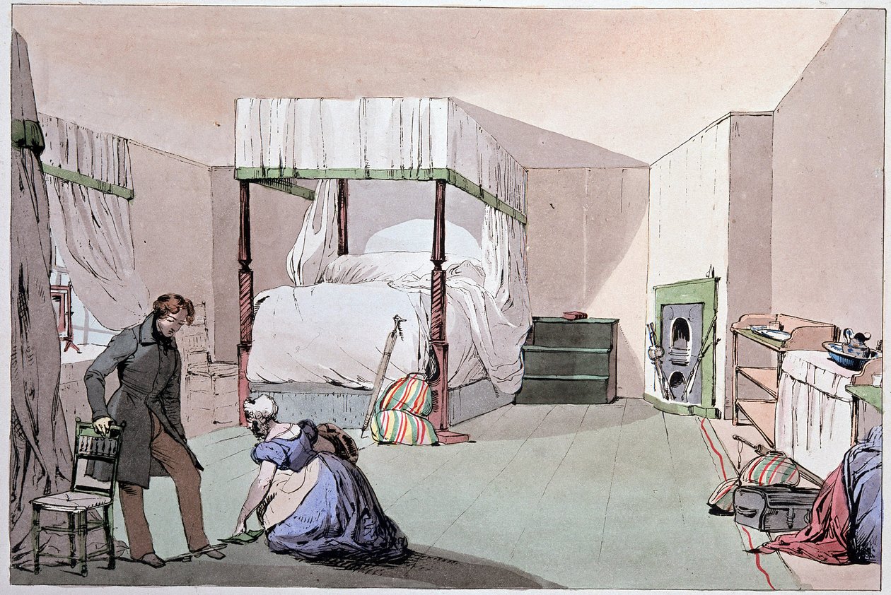 Herberg: een bediende helpt een klant schoenen aan te trekken. Illustratie door Eugene Louis Lami (1800-1890), midden 19e eeuw door Eugene Louis Lami