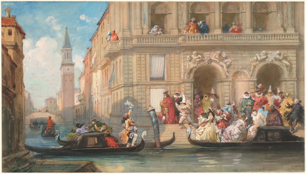 Maskerdragers die Gondels Instappen voor een Venetiaans Palazzo door Eugene Louis Lami