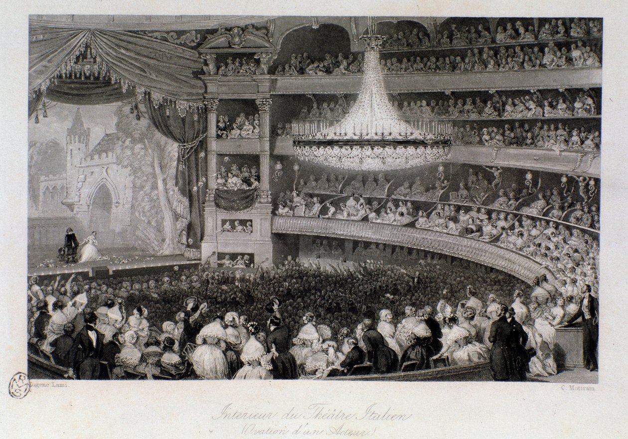 Ovation van een acteur tijdens een voorstelling in het Théâtre des Italiens in Parijs. Gravure door Eugene Louis Lami (1800-1890) 1843 Privécollectie door Eugene Louis Lami