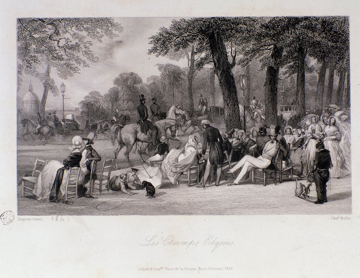 Passagiers en wandelaars op de Champs Elysees in Parijs. Gravure door Eugene Louis Lami (1800-1890) 1841 Privécollectie door Eugene Louis Lami