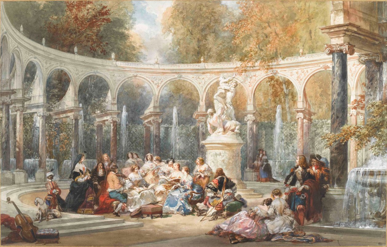 Gezelschap bij het Bosquet de la Colonnade in de tuin van Versailles door Eugene Louis Lami