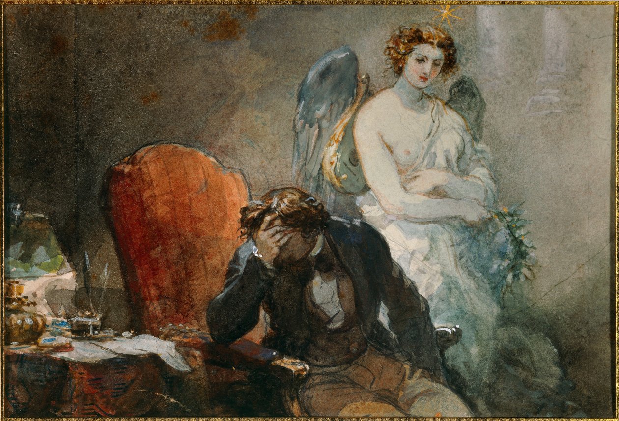 De nacht van oktober. Illustratie van de werken van Alfred de Musset (1810-1857). Aquarel door Eugene Louis lami (1800-1890) 19e eeuw Malmaison, musee du chateau door Eugene Louis Lami
