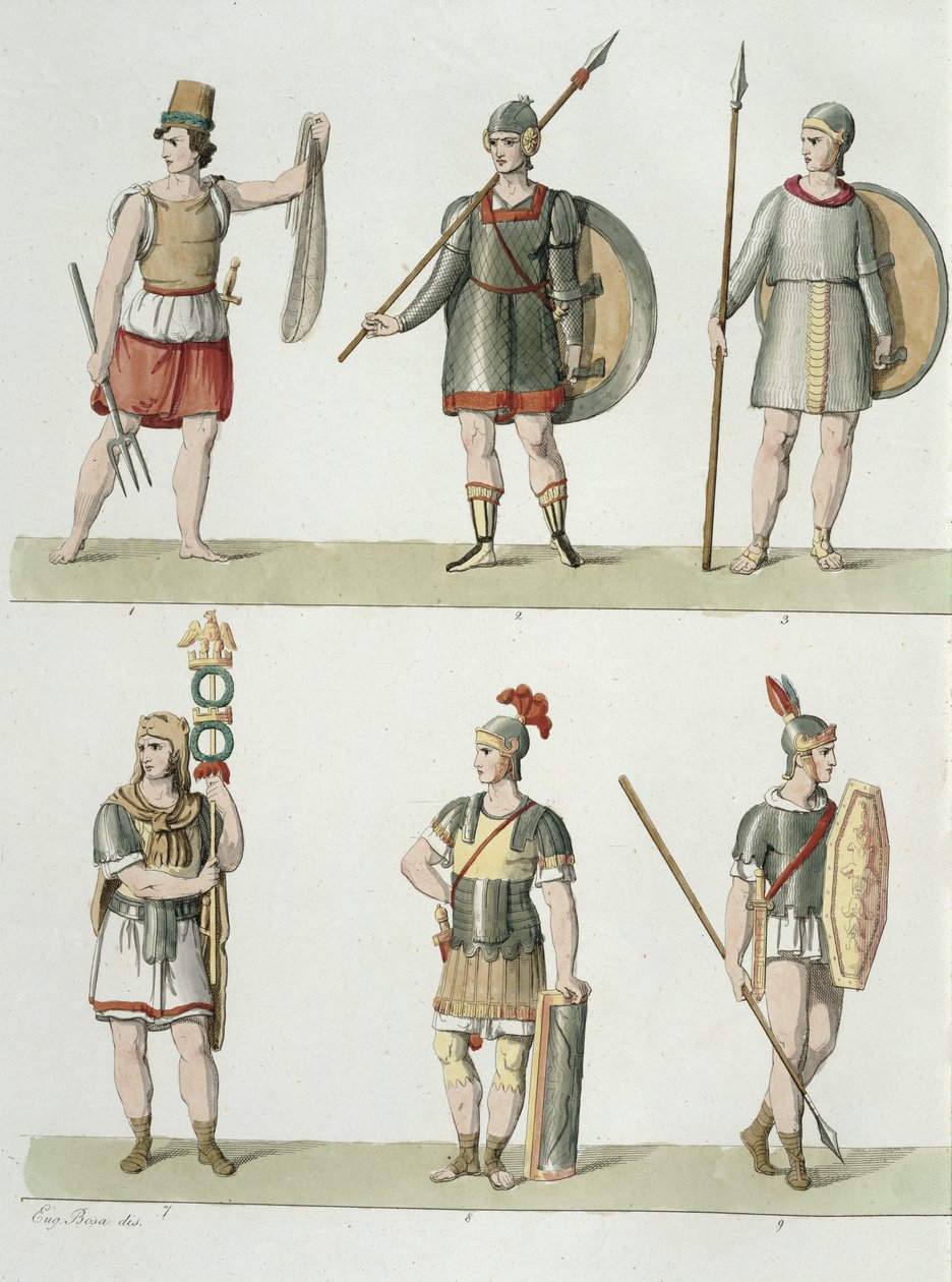 Romeinse Soldaten, detail van plaat 2, Klasse 5 van Deel I van De Geschiedenis van de Naties, gegraveerd door Buttazon door Eugenio Bosa