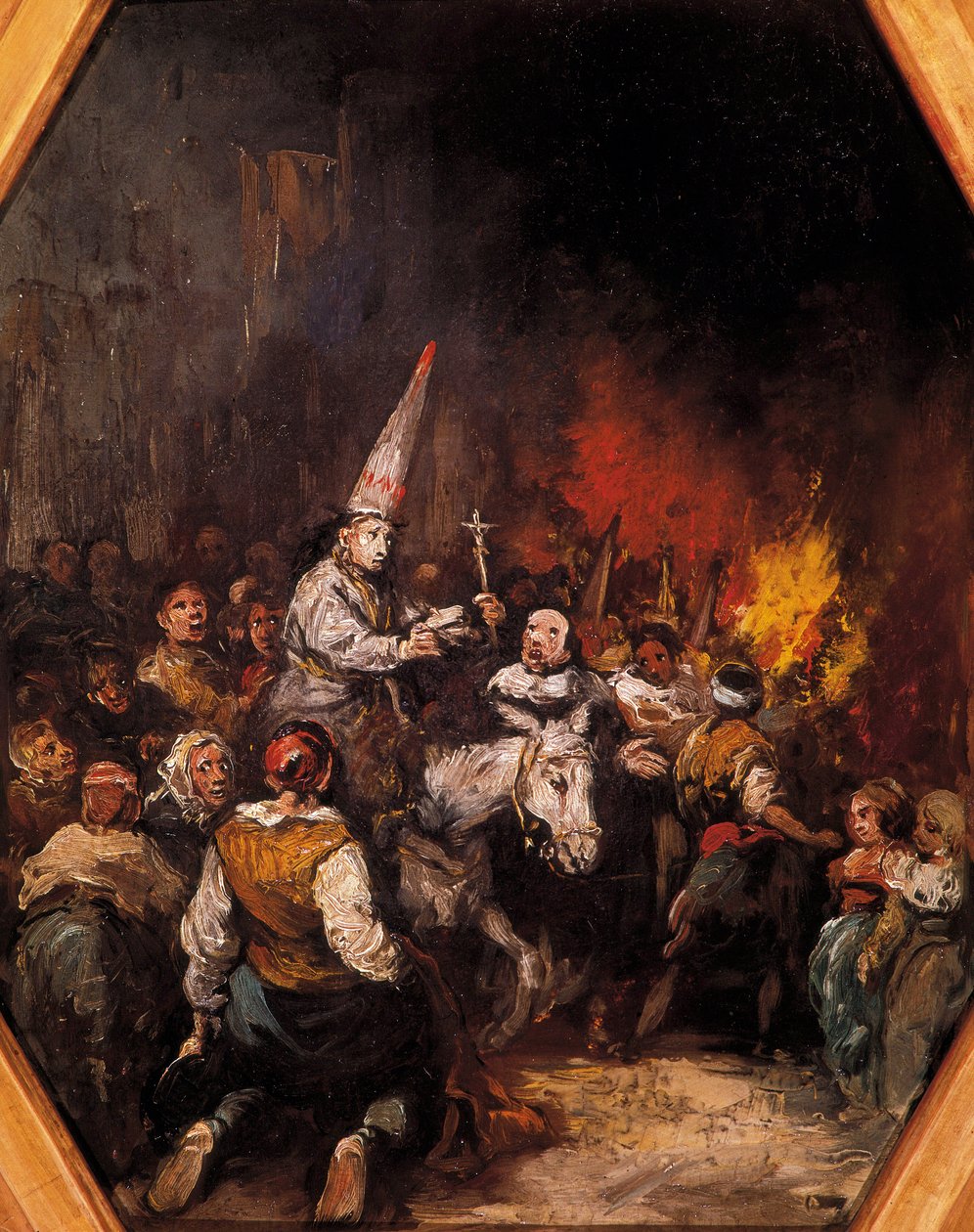 Vervloekten door de Inquisitie. De veroordeelden dragen capirote-hoofdbedekkingen, puntige hoed in de vorm van een kegel. Schilderij door Eugenio Lucas Velazquez (1817-1870), circa 1862. Prado Museum, Madrid door Eugenio Lucas Velázquez