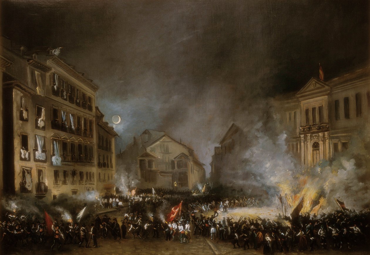 Episode van de Revolutie van 1854 in Puerta del Sol in Madrid door Eugenio Lucas Velázquez