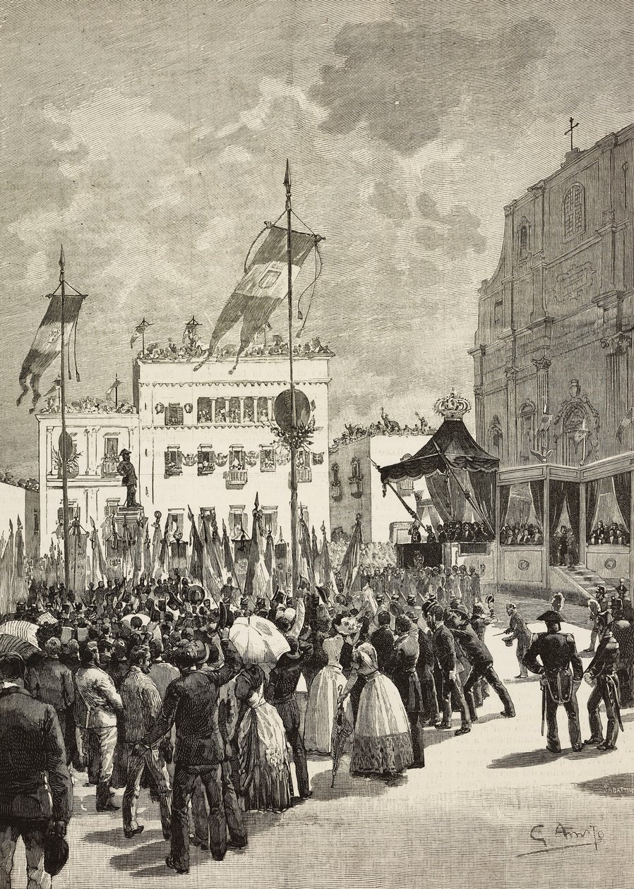 Onthulling van het monument voor Victor Emmanuel II, eerste koning van Italië, in aanwezigheid van Umberto I, koning van Italië, standbeeld door Eugenio Maccagnani, Lecce, Italië door Eugenio Maccagnani
