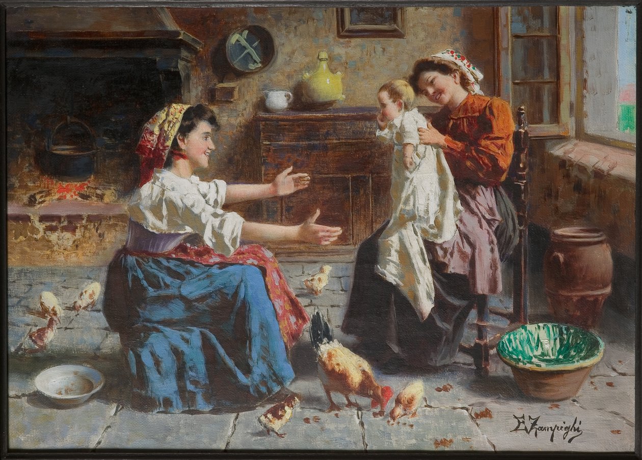Ontmoeting van twee vrouwen en een baby door Eugenio Zampighi