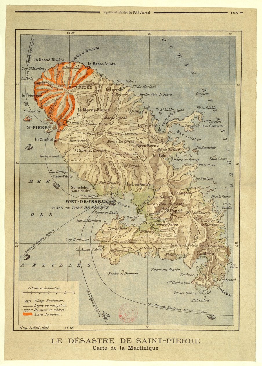 De ramp van Saint-Pierre. Kaart van Martinique door Eugène Letot