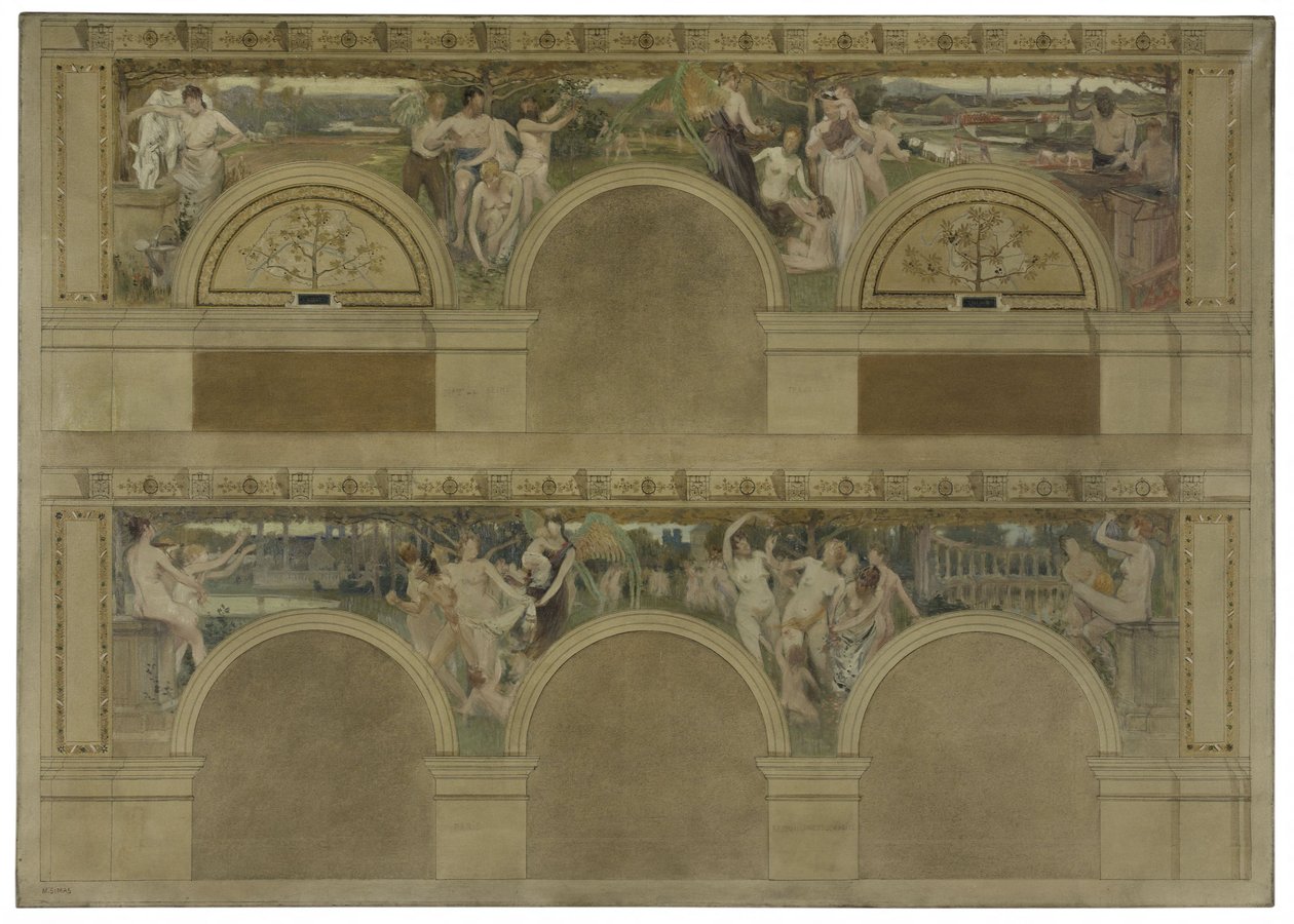 Schets voor een van de inleidende salons van het stadhuis van Parijs: Het werk. De vreugde. De liefdadigheid door Eugène Martial Simas