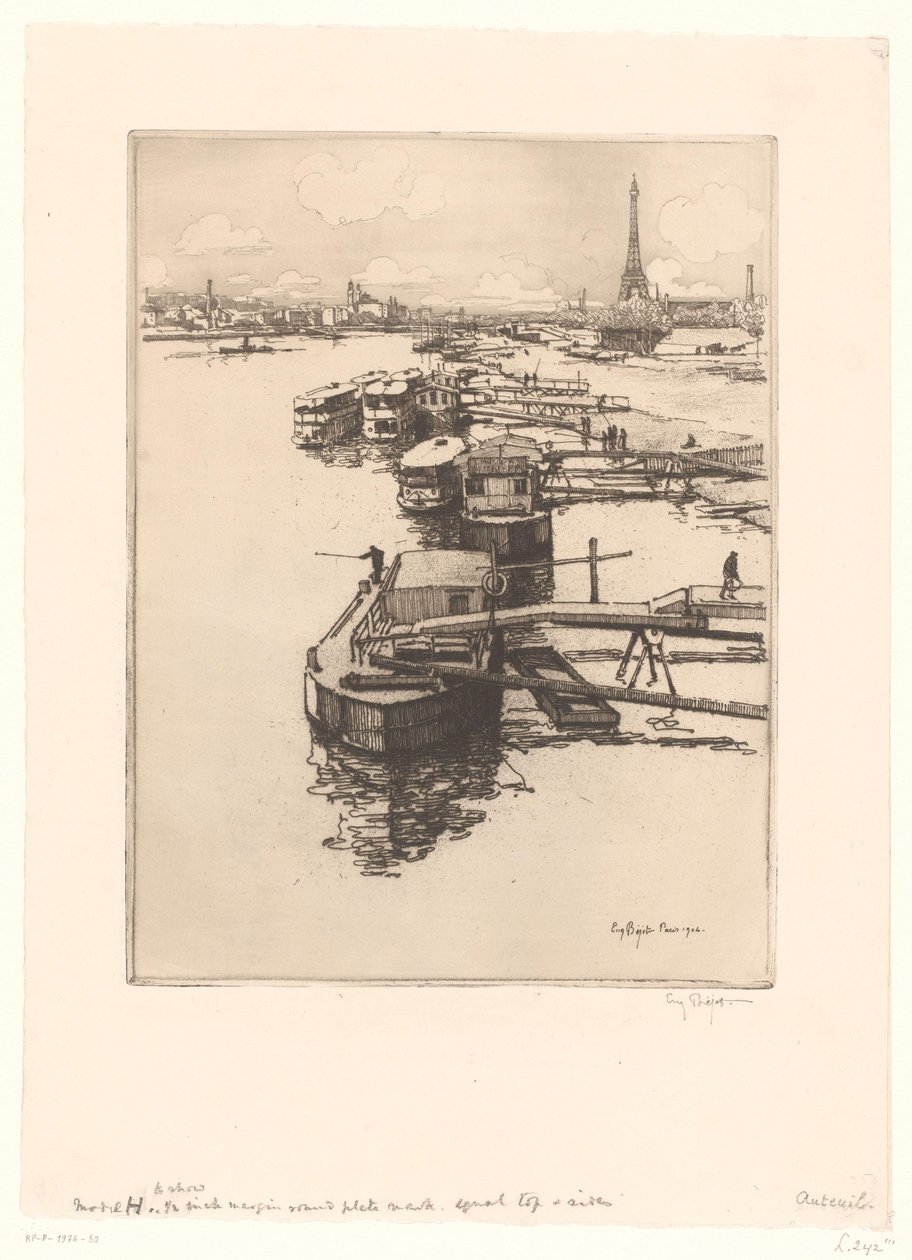Kade met omnibusboten in Parijs met de Eiffeltoren op de achtergrond door Eugène Bejot (signed by artist)