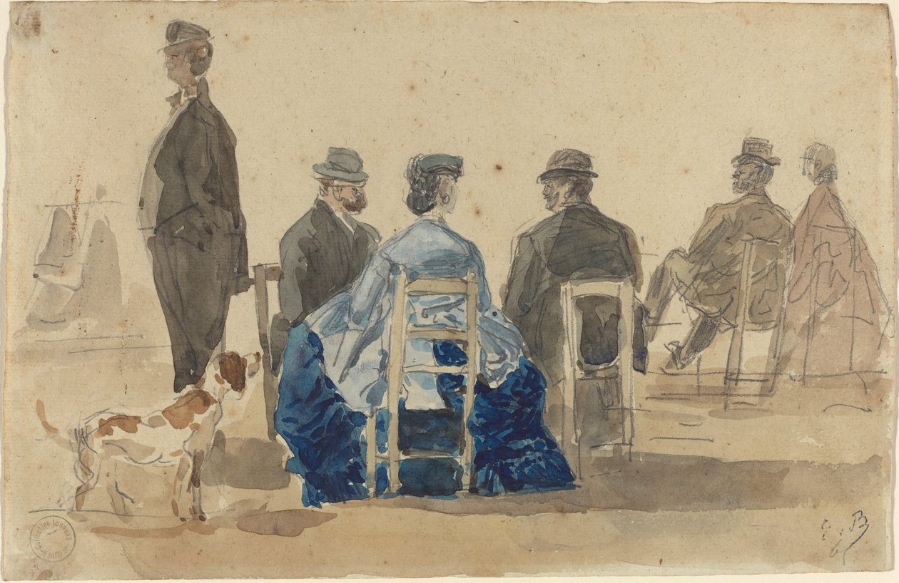 Dames en heren zittend op het strand met een hond door Eugène Boudin
