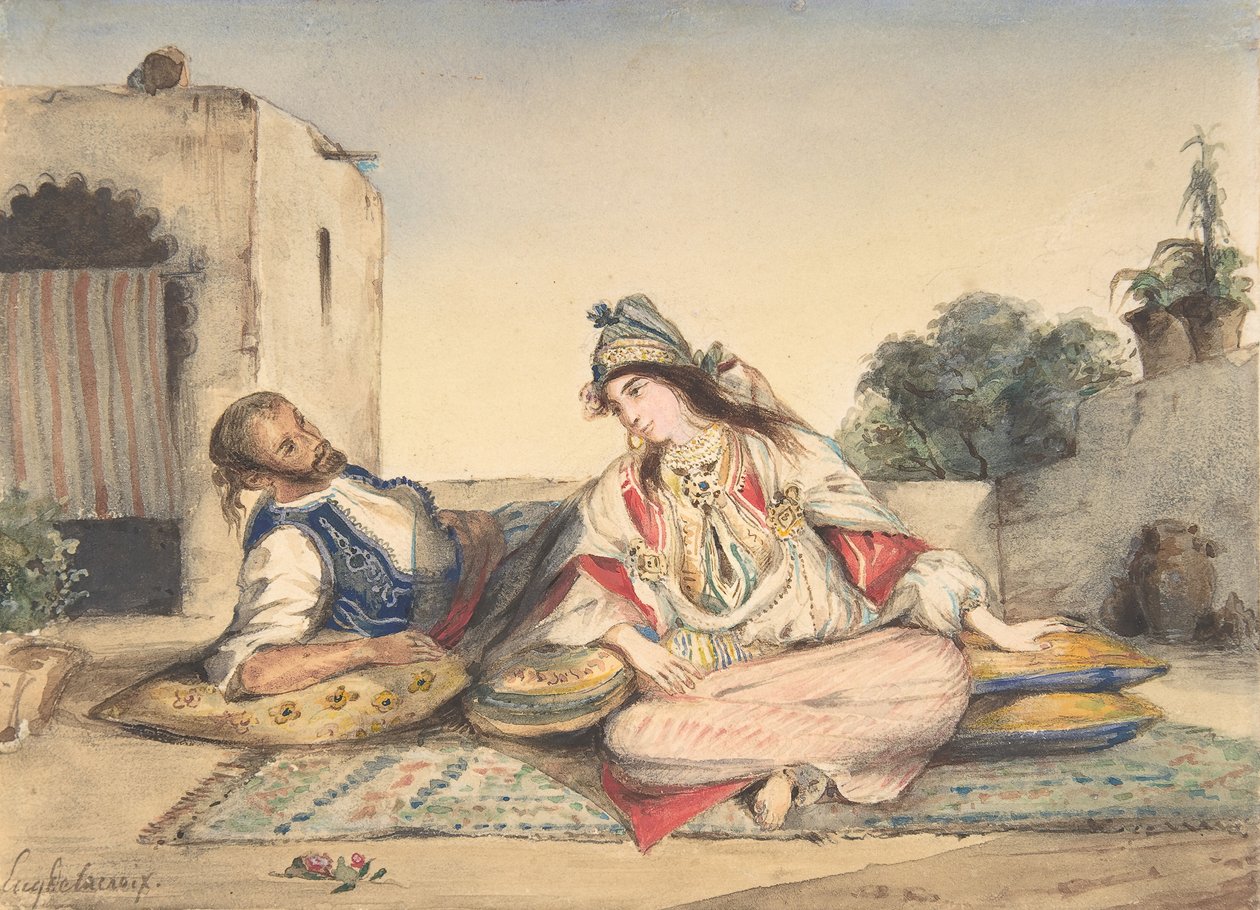 Een Marokkaans koppel op hun terras, 1832 door Eugène Delacroix