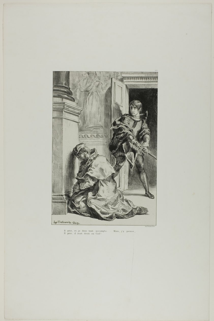Hamlet probeert de koning te doden, plaat 8 uit Hamlet door Eugène Delacroix
