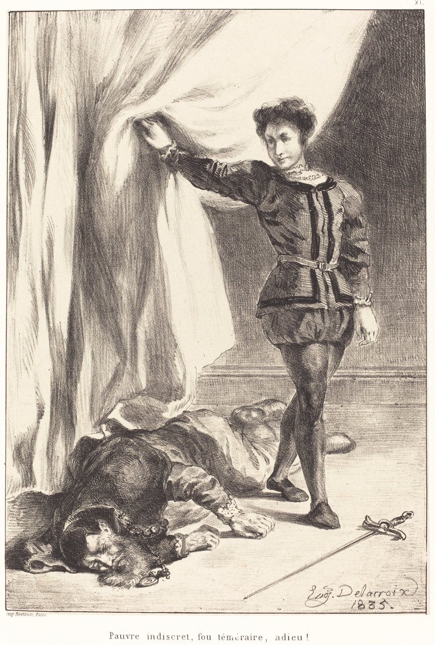 Hamlet en het Lichaam van Polonius (Act III, Scene IV) door Eugène Delacroix