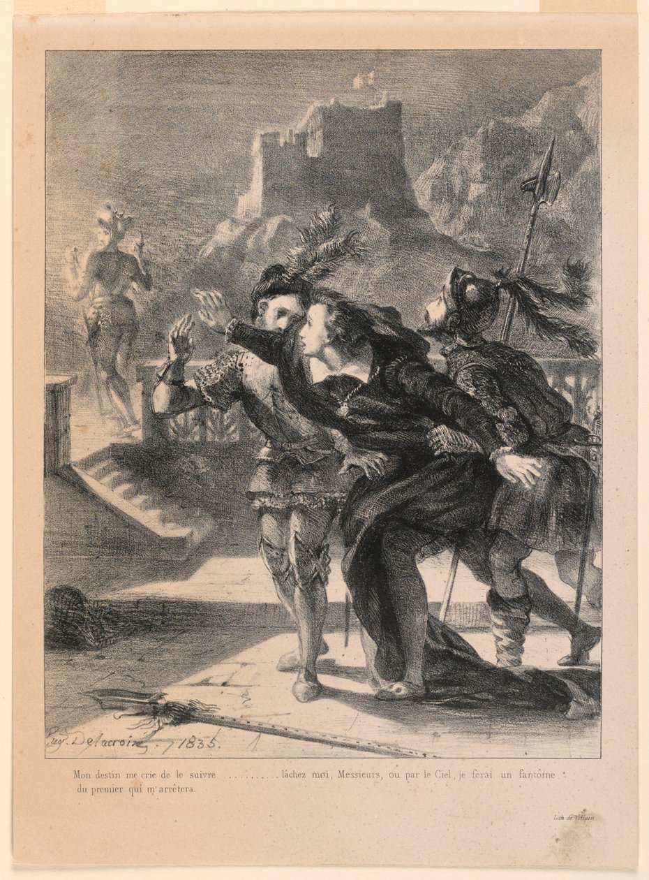 Illustratie voor Hamlet: Hamlet probeert de geest van zijn vader te volgen (I,4) door Eugène Delacroix