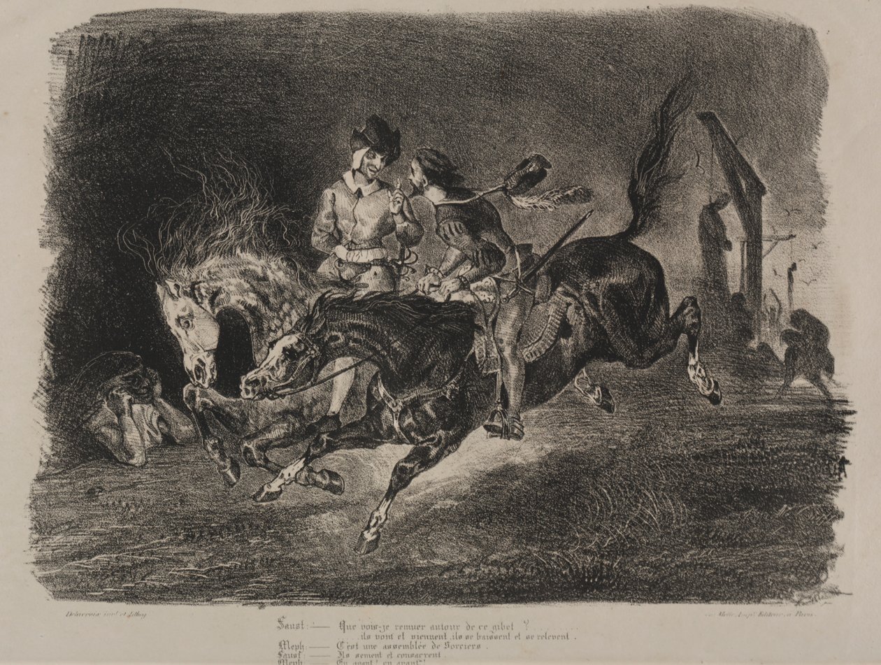 Illustraties voor Faust: Faust en Mefistofeles paardrijden op de sabbat door Eugène Delacroix