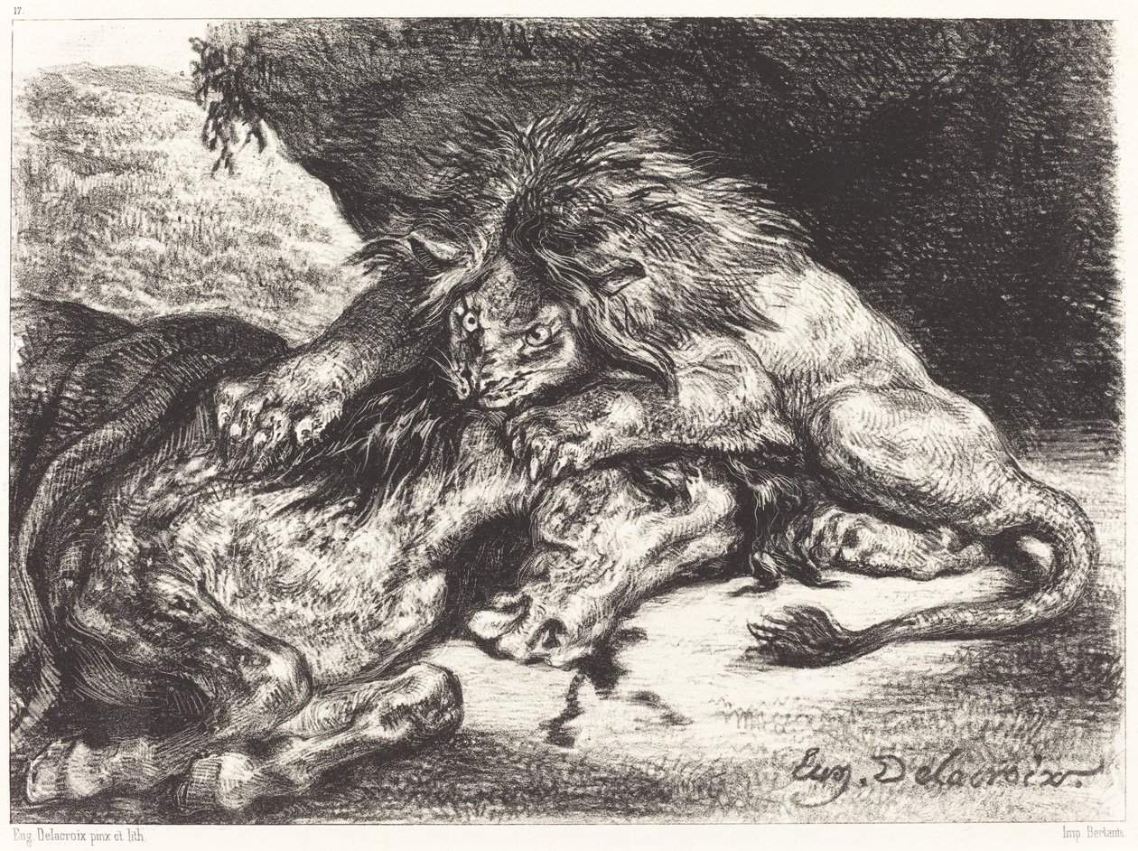 Leeuw die een paard verslindt door Eugène Delacroix