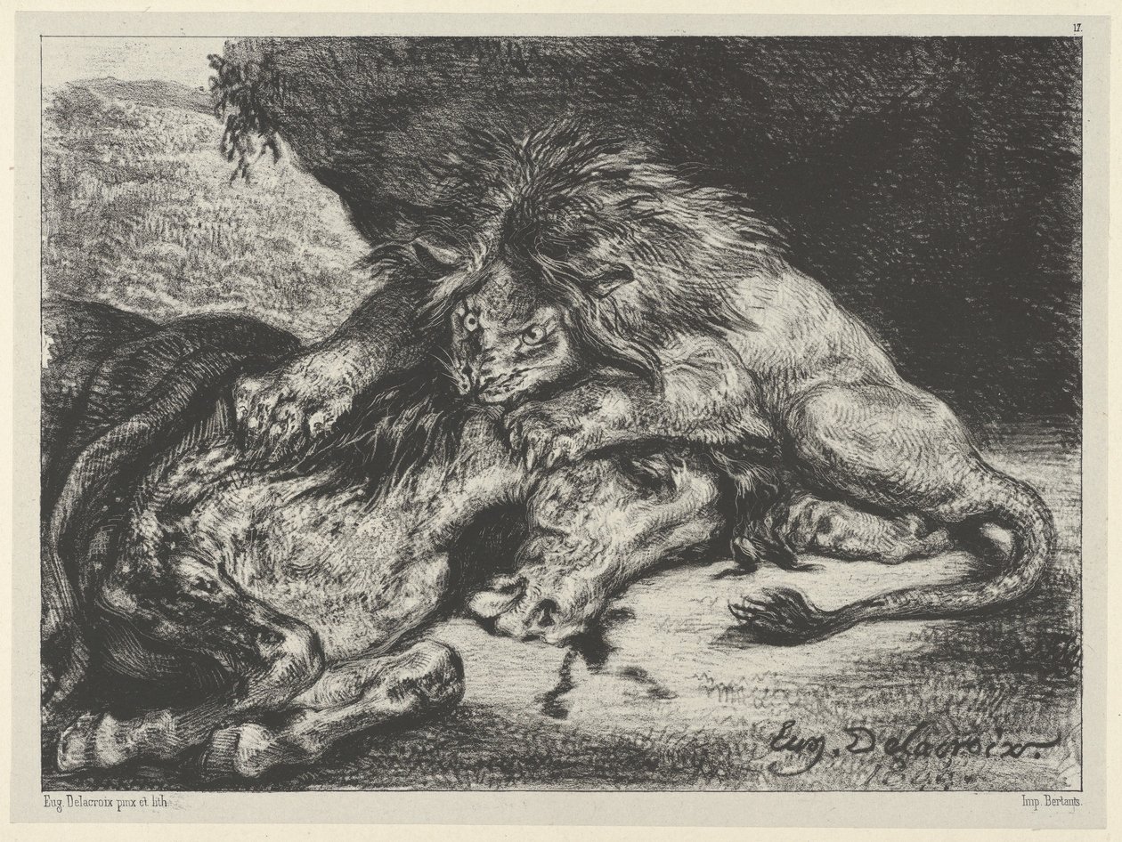 Leeuw die een paard verslindt door Eugène Delacroix