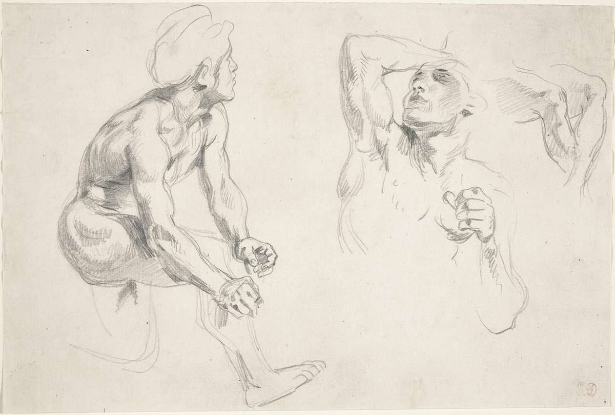 Mannelijk naakt poseert voor figuren in de Frise de la Guerre door Eugène Delacroix