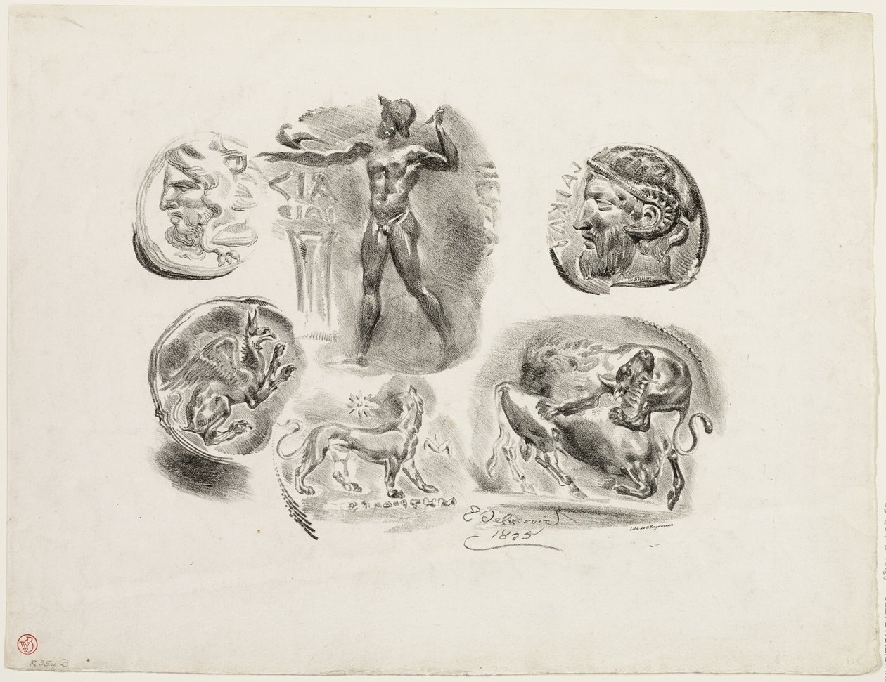 Blad met zes antieke medailles door Eugène Delacroix