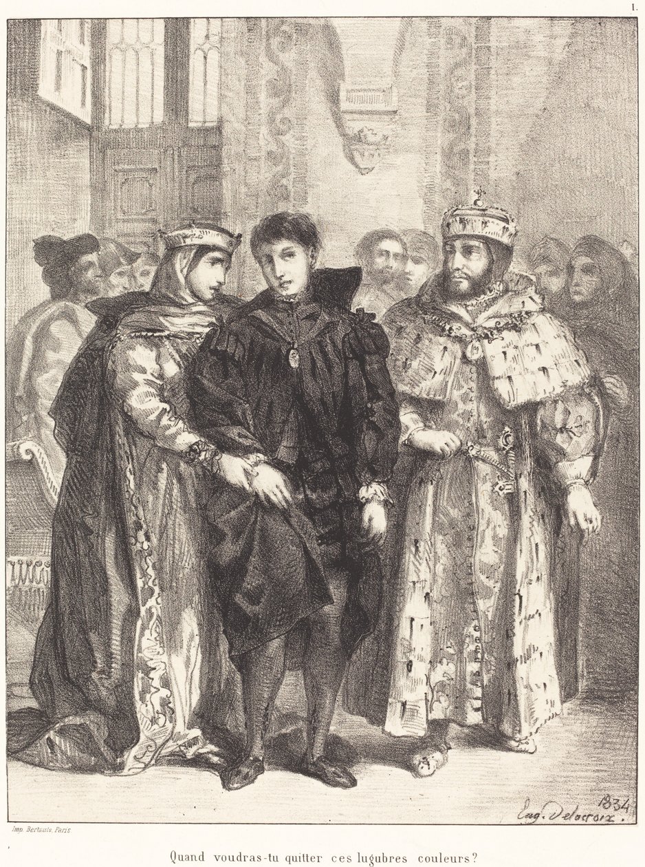 De koningin probeert Hamlet te troosten (Acte I, Scène II) door Eugène Delacroix