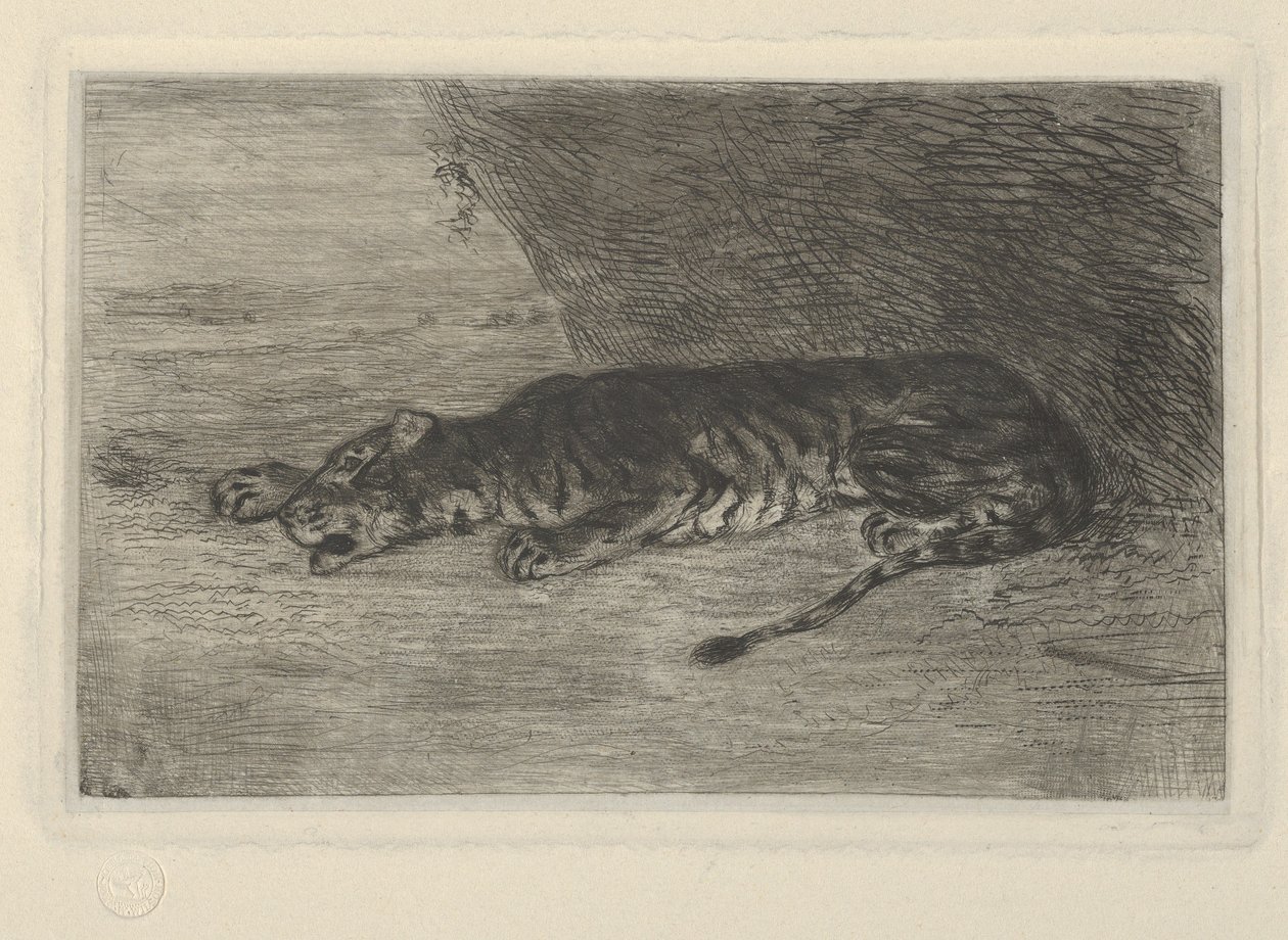 Tijger Liggend bij de Ingang van zijn Hol, ca. 1828-30 door Eugène Delacroix