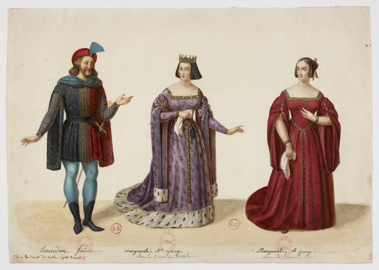 Kostuums - Frederic Lemaitre als Buridan, Mlle George als Marguerite de Bourgogne (La Tour de Nesle, september 1832) door Eugène Du Faget