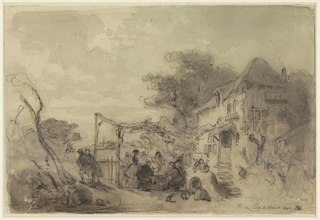 Gezelschap op terras voor herberg langs een weg door Eugène François de Block