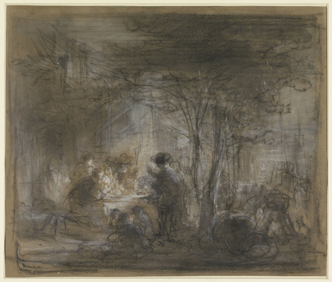 Gezelschap rond een tafel onder bomen door Eugène François de Block