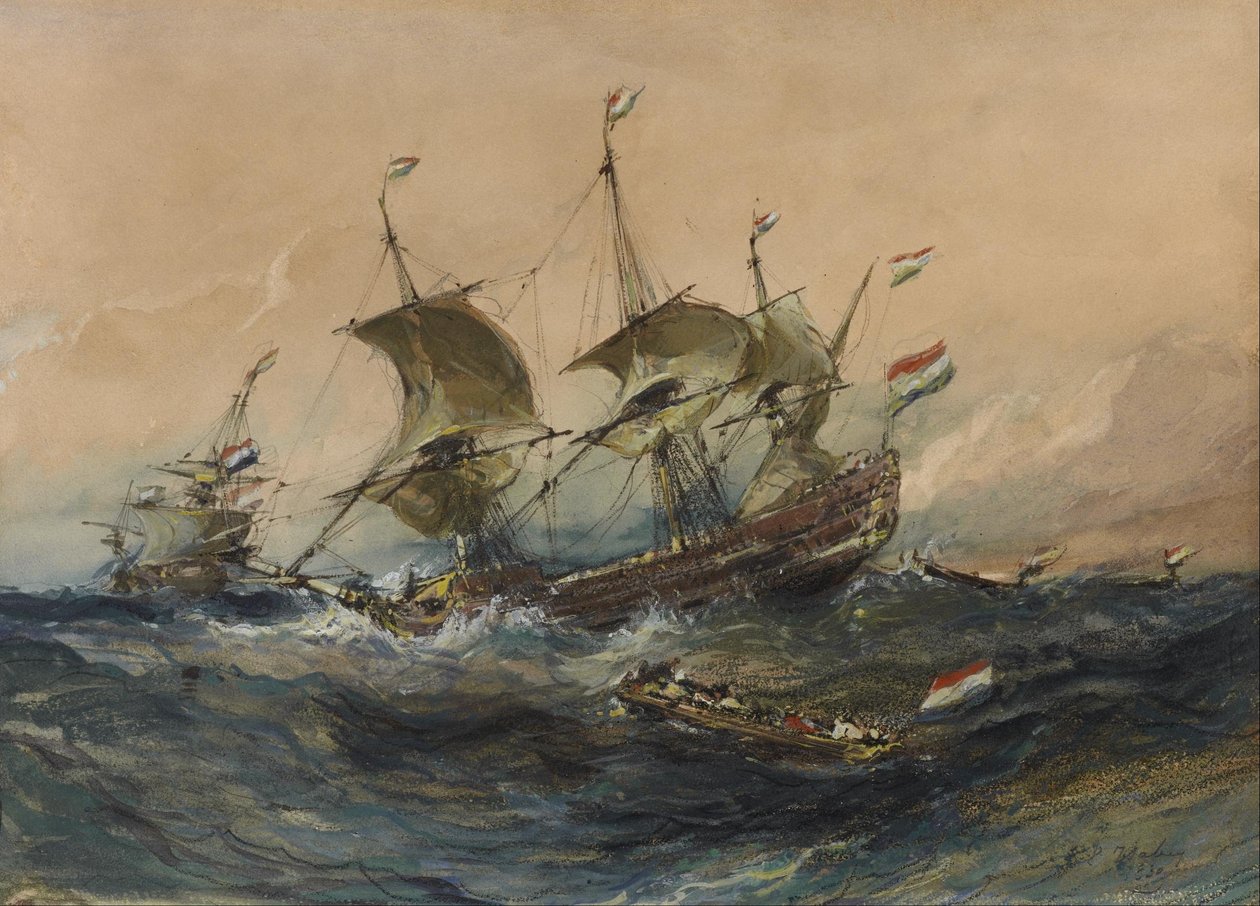 Nederlandse schepen in een storm door Eugene Isabey